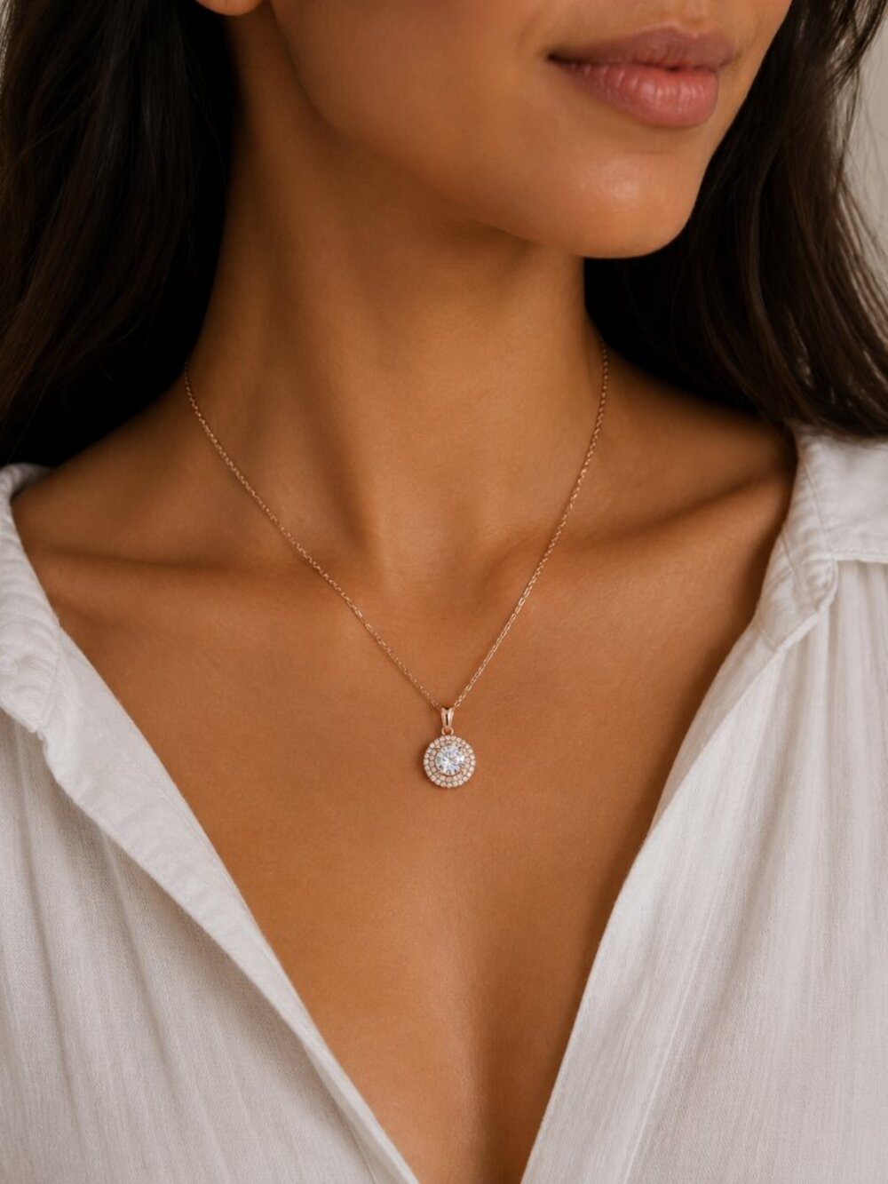 NEW 18k Rose Gold Round Cut Diamond Necklace Round Diamond Halo Necklace